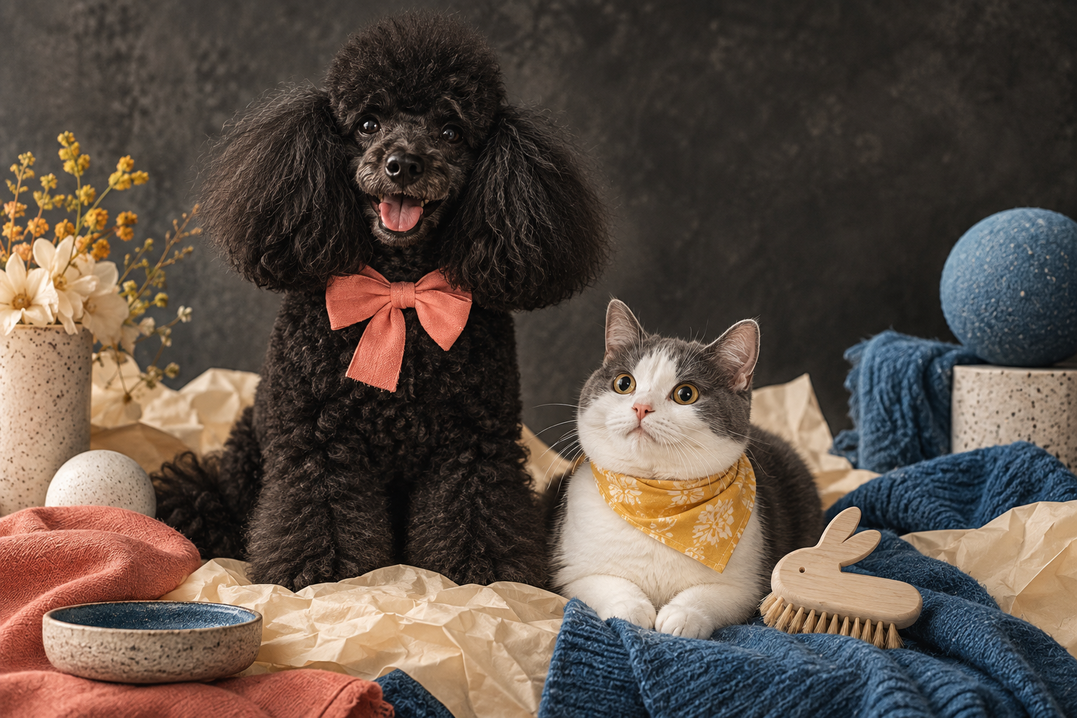 Illustrative black poodle and gray-white cat with colorful styling accents; not an owner photograph or exact customer result.